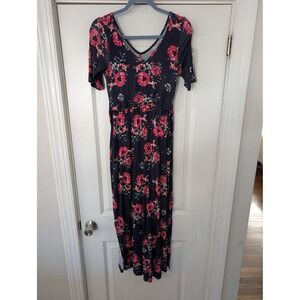 Latched Mama Nursing Maxi Dress Small Navy Floral Short Sleeve Pockets Slit Tie